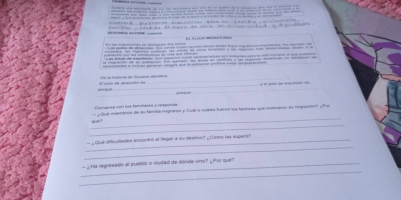 PRIMERA ACCION: Leemos 
Susana una estudiante de Tro. De secundaría que vive en un pueblo de la amazonía dice que al terminar sus 
estudios secundarios viajera a Lima porque desea ser médico para curar a los enfermos de su comunidad y 
consciente que debe viajar a otra ciudad donde existe una Universidad doade exista la carrera que ella desea 
ué problemas generara el viaje de Susana a la ciudad de Lima a su familia y su comunidad' 
SEGUNDA ACCION: Leemos 
En las migraciones se distinguen dos zonas 
* Los polos de atracción. Son zonas cuyas características atraen flujos migratorios importantes. Por ejemplo, las 
ciudades, las regiones costeras, las zonas de clima templado y las regiones más desarrolladas atraen a la 
población por las condiciones de vida que ofrecen. 
* Las áreas de expulsión. Son espacios cuyas características son limitantes para la vida humana, lo que ocasiona 
la migración de su población. Por ejemplo, las áreas en conflicto y las regiones desérticas no satisfacen las 
necesidades e incluso generan riesgos que la población prefiere evitar desplazándose. 
De la historia de Susana identifica: 
El polo de atracción es: 
_ 
porque: _y el polo de expulsión es: 
_porque 
Conversa con tus familiares y responde: 
_ 
- ¿Qué miembros de su familia migraron y Cuál o cuáles fueron los factores que motivaron su migración? ¿Por 
_ 
qué? 
_ 
_- ¿Qué dificultades encontró al llegar a su destino? ¿Cómo las superó? 
_ 
_- ¿Ha regresado al pueblo o ciudad de dónde vino? ¿Por qué?
