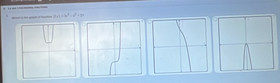 3,4 aLD 2 POKYNONIAL FUG VIN 
A 
Which is the graph of function f(x)=3x^4-x^2+2