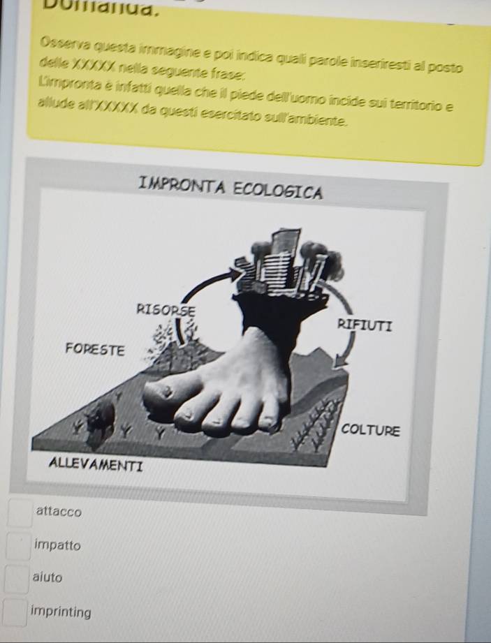 Dulanua.
Osserva questa immagine e poi indica quali parole inseriresti al posto
delle XXXXX nella seguente frase:
Limpronta é infatti quella che il piede dell'uomo incide sui territorio e
allude all'XXXXX da questi esercitato sull'ambiente.
attacco
impatto
aiuto
imprinting