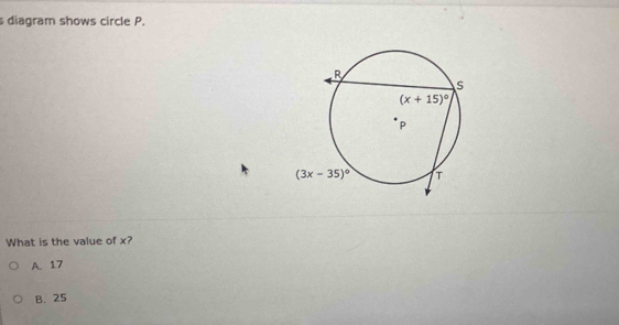 diagram shows circle P.
What is the value of x?
A. 17
B. 25