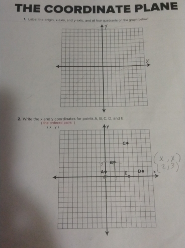 THE COORDINATE PLANE
1. Label the origin, x-axis, and y-axis, and all four quadrants on the graph below
2. Write the x and y coordinates for points A, B, C, D, and E.
( the ordered pairs )