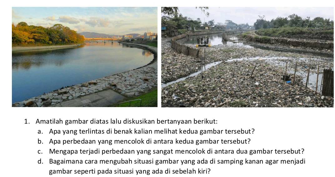 Amatilah gambar diatas lalu diskusikan bertanyaan berikut: 
a. Apa yang terlintas di benak kalian melihat kedua gambar tersebut? 
b. Apa perbedaan yang mencolok di antara kedua gambar tersebut? 
c. Mengapa terjadi perbedaan yang sangat mencolok di antara dua gambar tersebut? 
d. Bagaimana cara mengubah situasi gambar yang ada di samping kanan agar menjadi 
gambar seperti pada situasi yang ada di sebelah kiri?