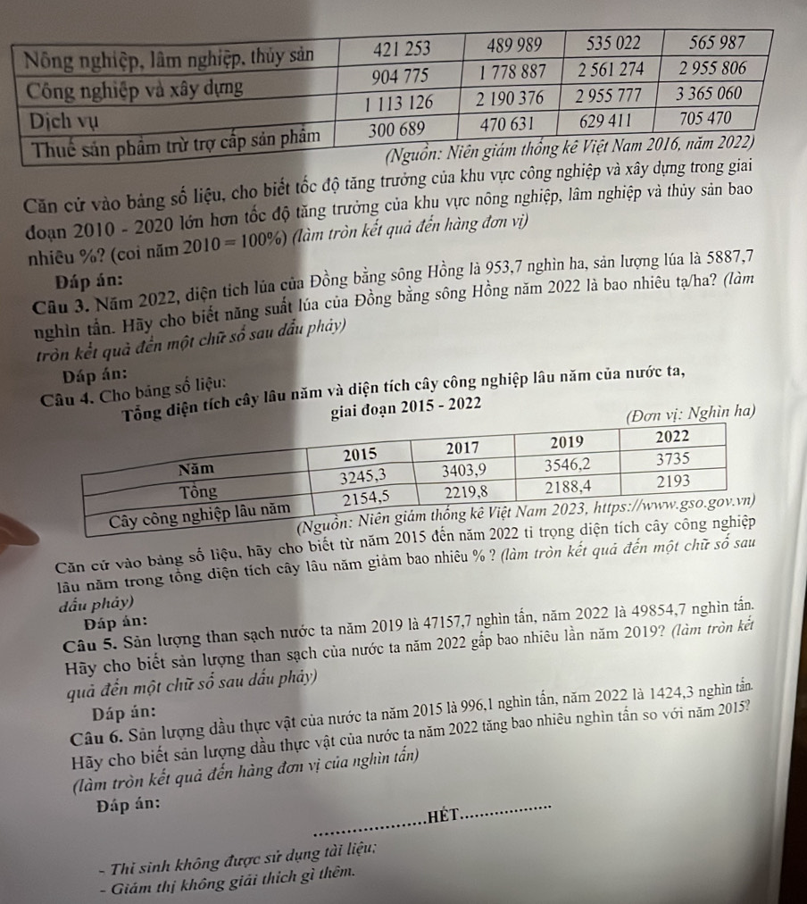 Căn cử vào bảng số liệu, cho biết tốc độ tăng trưởng của khu vực công 
doạn 2010 - 2020 lớn hơn tốc độ tăng trưởng của khu vực nông nghiệp, lâm nghiệp và thủy sản bao
nhiêu %? (coi năm 2010=100% ) (làm tròn kết quả đến hàng đơn vị)
Câu 3. Năm 2022, diện tích lủa của Đồng bằng sông Hồng là 953,7 nghìn ha, sản lượng lúa là 5887,7
Đáp án:
nghin tần. Hãy cho biết năng suất lúa của Đồng bằng sông Hồng năm 2022 là bao nhiêu tạ/ha? (làm
tròn kết quả đền một chữ số sau đầu phảy)
Đáp án:
Câu 4. Cho bảng số liệu:
Tổng diện tích cây lâu năm và diện tích cây công nghiệp lâu năm của nước ta,
giai đoạn 2015 - 2022
(Đơn vị: Nghìn ha)
Căn cử vào bảng số liệu, hãy cho biết từ năm 2015
lâu năm trong tổng diện tích cây lâu năm giảm bao nhiêu % ? (làm tròn kết quả đến một chữ số sau
đầu phảy)
Đáp án:
Câu 5. Sản lượng than sạch nước ta năm 2019 là 47157,7 nghìn tấn, năm 2022 là 49854,7 nghìn tấn.
Hy cho biết sản lượng than sạch của nước ta năm 2022 gắp bao nhiêu lần năm 2019? (làm tròn kết
quả đến một chữ số sau dấu phảy)
Câu 6. Sân lượng đầu thực vật của nước ta năm 2015 là 996,1 nghìn tần, năm 2022 là 1424,3 nghìn tần.
Dáp án:
Hãy cho biết sản lượng đầu thực vật của nước ta năm 2022 tăng bao nhiêu nghìn tấn so với năm 2015?
(làm tròn kết quả đến hàng đơn vị của nghìn tấn)
_
Đáp án:
Hét.
_
- Thi sinh không được sử dụng tài liệu;
- Giám thị không giải thích gì thêm.