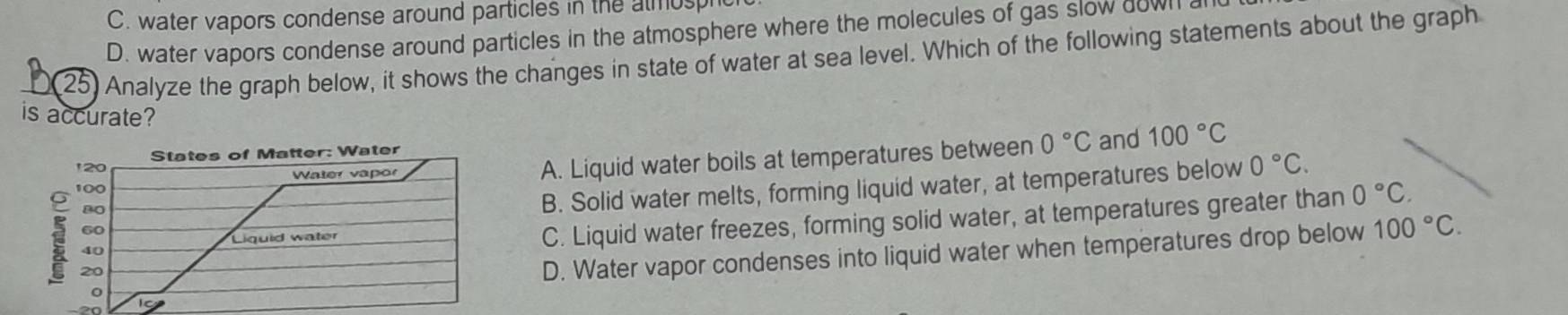 C. water vapors condense around particles in the almusph
D. water vapors condense around particles in the atmosphere where the molecules of gas slow down a
25) Analyze the graph below, it shows the changes in state of water at sea level. Which of the following statements about the graph
is accurate? 0°C and 100°C
A. Liquid water boils at temperatures between
B. Solid water melts, forming liquid water, at temperatures below
0°C.
C. Liquid water freezes, forming solid water, at temperatures greater than 0°C.
D. Water vapor condenses into liquid water when temperatures drop below 100°C.