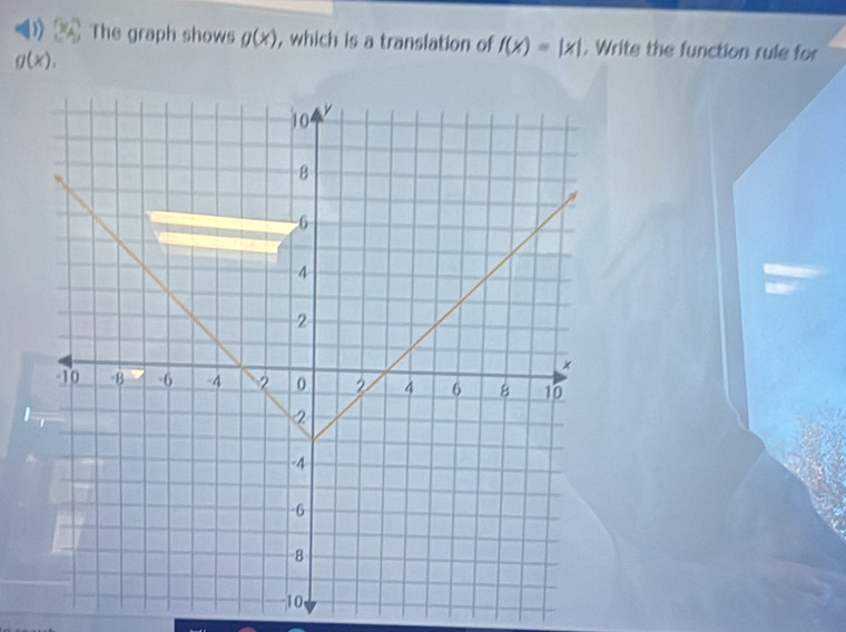 () The graph shows g(x) , which is a translation of f(x)=|x|. Write the function rule for
g(x),
10 y
8
6
4
2
×
-10 -8 -6 -4 2 0 2 4 6 B 10
2
-4
-6
-8
10