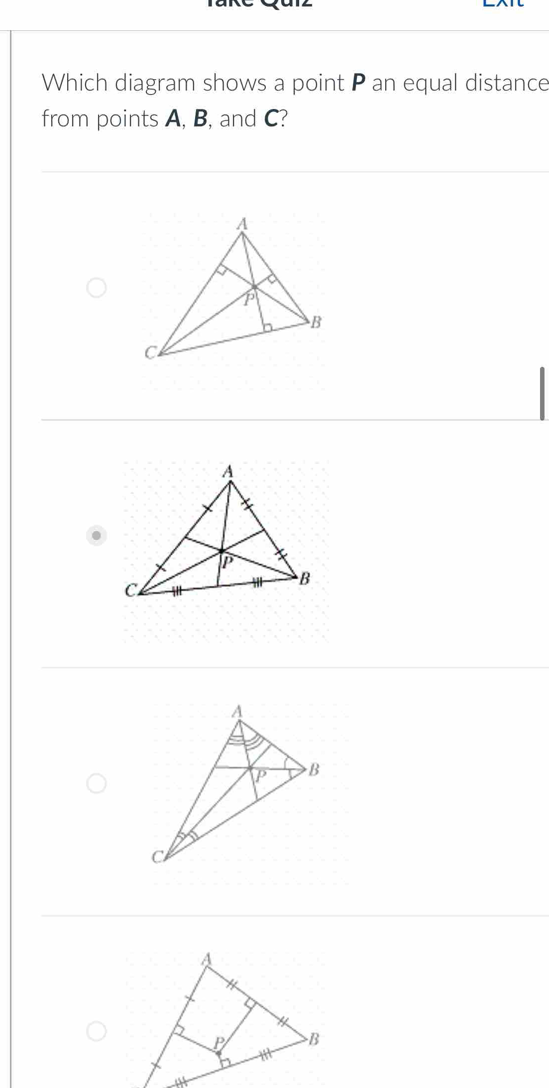 Which diagram shows a point P an equal distance
from points A, B, and C?