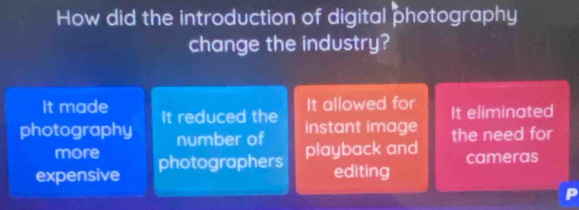 How did the introduction of digital photography
change the industry?
It made It allowed for It eliminated
photography It reduced the
number of instant image
more playback and the need for
expensive photographers
editing cameras