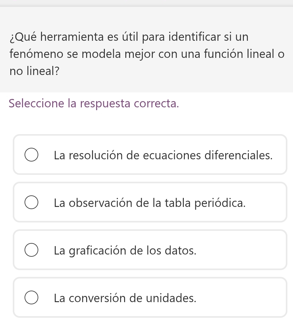 ¿Qué herramienta es útil para identificar si un
fenómeno se modela mejor con una función lineal o
no lineal?
Seleccione la respuesta correcta.
La resolución de ecuaciones diferenciales.
La observación de la tabla periódica.
La graficación de los datos.
La conversión de unidades.