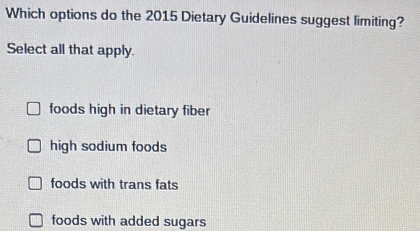 Solved: Which options do the 2015 Dietary Guidelines suggest limiting ...