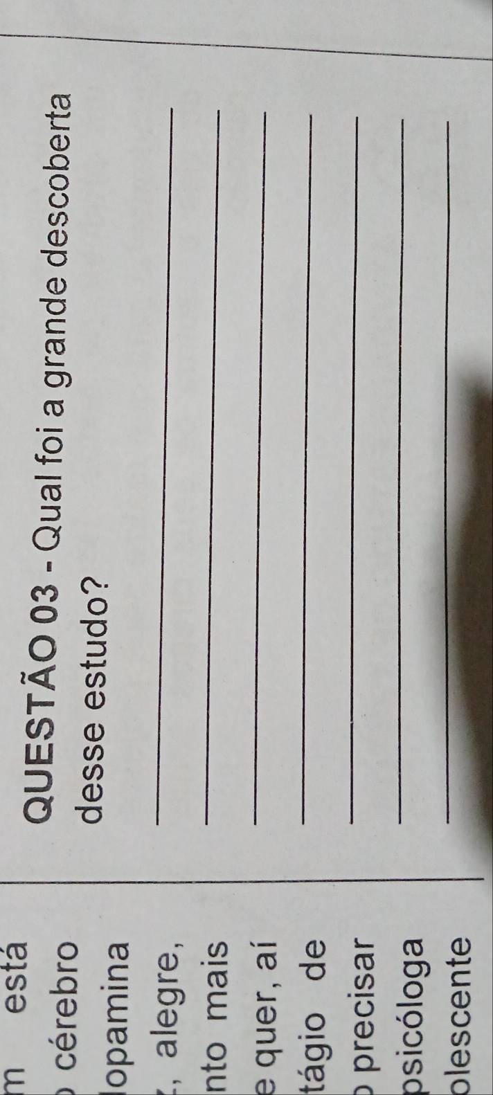 está 
QUESTÃO 03 - Qual foi a grande descoberta 
o cérebro 
desse estudo? 
opamina 
, alegre, 
_ 
nto mais 
_ 
e quer, aí 
_ 
tágio de 
_ 
precisar 
_ 
psicóloga 
_ 
plescente 
_