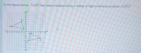 In the figure below, △ ABC has been transformed by a series of rigid motions to produce △ DEF.