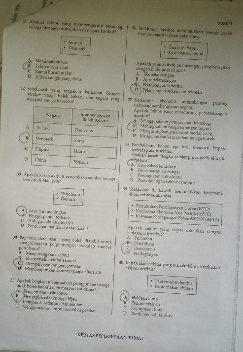 2280/1
31 Apakah faktor yang mempengaruhi teknologi  36 Maklumat berikut menunjukkan bentuk muka
tenaga hidrogen dimajukan di negara berikut? bumi menjadi tarikan pelancong.
Jerman Kawasan air terjun Gua batu kapur
Denmark
A Menimatkan kos Apakah jenis aktiviti pelancongan yang berkaitan
Lebíh mesra alam dengan maklumat di atas?
C Ramai buruh mahir A Ekopelancongan
D Aliran sungai yang deras B Agropelancongan
C Pelancongan bertema
32 Kombinasi yang manakah berkaitan dengan D  Pelancongan sukan dan rekreasi
sumber tenaga boleh baharu dan negara yang
menjana tenaga tersebut? 37 Kerjasama ekonomi antarabangsa penting
terhadap pembangunan negara.
tersebut? Apakah faktor yang mendorong perkembangan
A Menggalakkan pemindahan teknologi
B Meningkatkan harga barangan import
Mengurangkan pelaburan modal asing
D Mengehadkan kemasukan tenaga buruh
38 Pembakaran bahan api fosil memberi impak
terhadap alam sekitar.
Apakah kesan jangka panjang daripada aktiviti
tersebut?
B Pencemaran air sungai A Perubahan landskap
C Peningkatan suhu bumi
33 Apakah kesan aktiviti penerokaan sumber tenaga D Perkembangan sektor ekonomi
berikut di Malaysia?  39 Maklumat di bawah menunjukkan kerjasama
Gas asli Petroleum ekonomi antarabangsa
Pertubuhan Perdagangan Dunia (WTO)
Kerjasama Ekonomi Asia Pasifik (APEC)
A ] Aras laut meningkat Kawasan Perdagangan Bebas ASEAN (AFTA)
Pinggir pantai terhakis
C Hidupan akuatik terjejas
D Ferubahan pandang darat fizikal kerjasama tersebut? Apakah sektor yang dapat dikaitkan dengan
A Pertanian
34 Bagaimanakah usaha yang boleh diambil untuk C / Pertahanan B Pendidikan
petroleum? mengurangkan pergantungan terhadap sumber
A Mengurangkan eksport
D Perdagangan
BMengamalkan kitar semula 40 Impak alam sekitar yang manakah kesan terhadap
C Mempelbagaikan penggunaan aktiviti berikut?
D Membangunkan sumber tenaga alternatif
Penternakan lembu
35 Apakah langkah menjimatkan penggunaan tenaga Penternakan khinzir
tidak boleh baharu oleh masyarakat dunia?
Penggunaan insineraton
B Mengaplikasi teknologi hijau B Pencemaran air A Hakisan tanih
Kempen kesedaran alam sekitar C Kepupusan flora
D Menggunakan lampu mentol di pejabat D Tanih menjadi tandus
KERTAS PEPERIKSAAN TAMAT