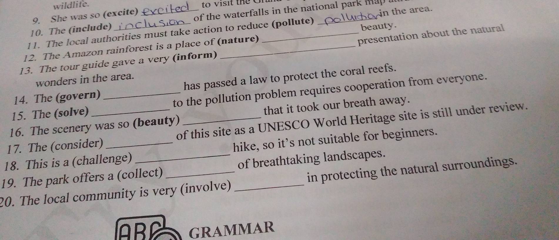 wildlife. to visit thể Gn 
9. She was so (excite) 
10. The (include) of the waterfalls in the national park map at 
beauty. 
11. The local authorities must take action to reduce (pollute) _in the area. 
12. The Amazon rainforest is a place of (nature) 
13. The tour guide gave a very (inform) __presentation about the natural 
wonders in the area. 
14. The (govern) has passed a law to protect the coral reefs. 
15. The (solve) _to the pollution problem requires cooperation from everyone. 
16. The scenery was so (beauty) that it took our breath away. 
17. The (consider) of this site as a UNESCO World Heritage site is still under review. 
18. This is a (challenge) hike, so it's not suitable for beginners. 
19. The park offers a (collect) of breathtaking landscapes. 
20. The local community is very (involve) _in protecting the natural surroundings. 
ARP GRAMMAR