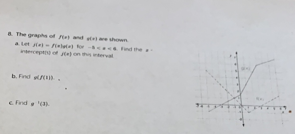 The graphs of f(x) and g(x) are shown.
a. Let j(x)=f(x)g(x) for -5 、 Find the x·
intercept(s) of j(x) on this interval.
b. Find g(f(1)).
c. Find g^(-1)(3).