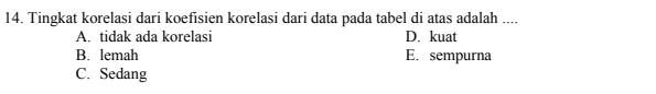 Tingkat korelasi dari koefisien korelasi dari data pada tabel di atas adalah ....
A. tidak ada korelasi D. kuat
B. lemah E. sempurna
C. Sedang