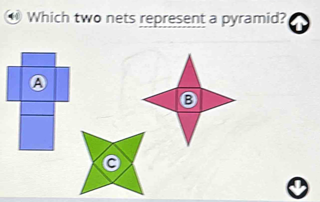 Which two nets represent a pyramid?
A
B
a