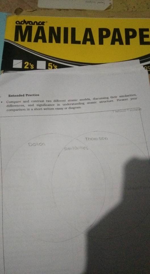 advance 
MANILA PAPE 
2's he 35 
Extended Practice 
Compare and contrast two different atomic models, discussing their similarities, 
differences, and significance in understanding atomic structure. Present your 
comparison in a short-written essay or diagram 
Teteut Coonaloe