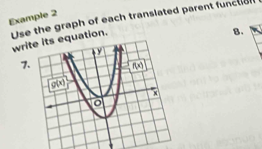 Example 2
Use the graph of each translated parent function
wriquation.
8.
7.