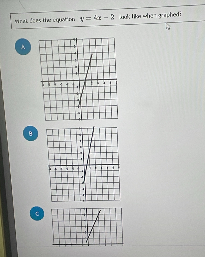 What does the equation y=4x-2 look like when graphed?
A
B
C