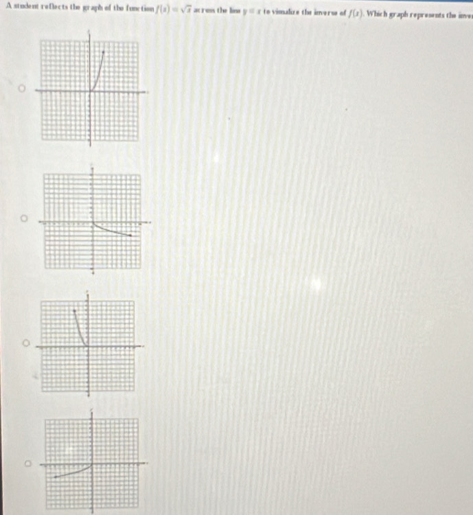 A student reflects the graph of the function f(x)=sqrt(x) ac res the lim y=x to visalize the inverse of f(x). Which graph represents the inve 
。