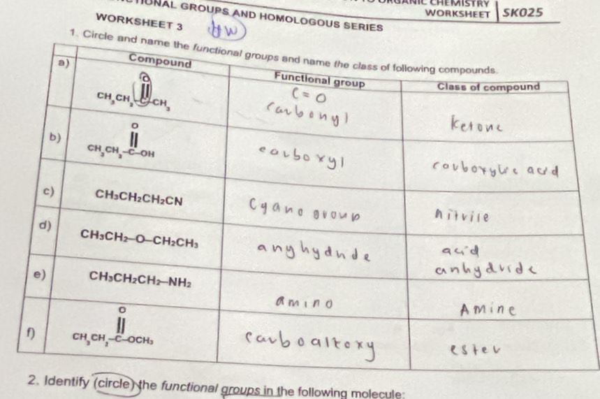 NC Chemistry SK025
WORKSHEET
HüñAl groups and homologous series
WORKSHEET 3
1. C
2. Identify (circle) the functional groups in the following molecule: