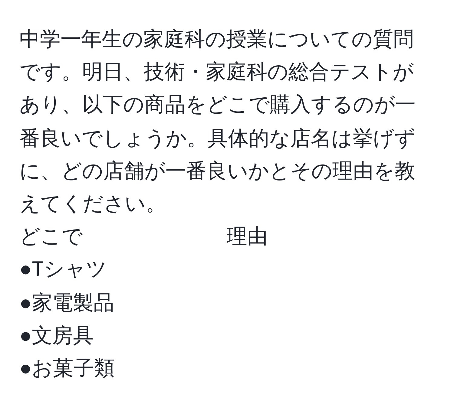 中学一年生の家庭科の授業についての質問です。明日、技術・家庭科の総合テストがあり、以下の商品をどこで購入するのが一番良いでしょうか。具体的な店名は挙げずに、どの店舗が一番良いかとその理由を教えてください。  
どこで　　　　　　　理由  
●Tシャツ  
●家電製品  
●文房具  
●お菓子類