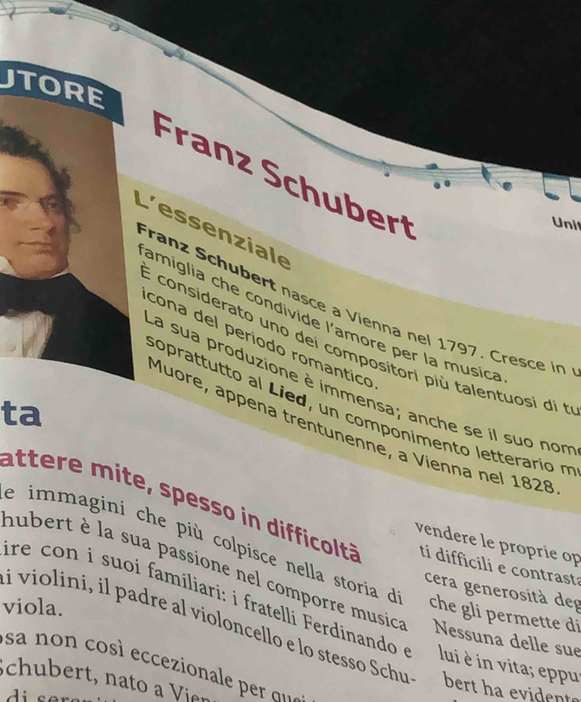 JTORE 
Franz Schubert 
Unil 
L'essenziale 
Franz Schubert nasce a Vienna nel 1797. Cresce in 
amiglia che condivide l'amore per la musica 
cona del período romantico 
E considerato uno dei composítori più talentuosi di h 
La sua produzione è immensa; anche se il suo nom 
ta 
soprattutto al Lied, un componimento letterario m 
Muore, appena trentunenne, a Vienna nel 1828 
attere mite, spesso in difficoltà ti difficili e contrast 
e immagini che più colpisce nella storia d 
vendere le proprie op 
nubert è la sua passione nel comporre musica Nessuna delle sue 
cera generosità deg 
viola. 
re i suoi familiari: i fratelli Ferdinando e lui è in vita; eppu; 
che gli permette di 
i violini, il padre al violoncello e lo stesso Schu bert ha evidente 
sa n cosi ecceionale p o 
Schubert, nato a Vien 
di ser