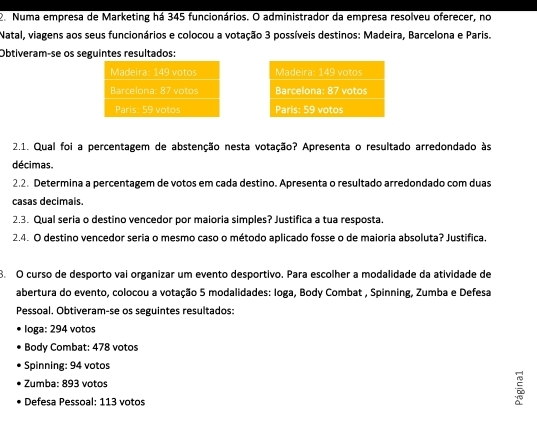 Numa empresa de Marketing há 345 funcionários. O administrador da empresa resolveu oferecer, no 
Natal, viagens aos seus funcionários e colocou a votação 3 possíveis destinos: Madeira, Barcelona e Paris. 
Obtiveram-se os seguintes resultados: 


2.1. Qual foi a percentagem de abstenção nesta votação? Apresenta o resultado arredondado às 
décimas. 
2.2. Determina a percentagem de votos em cada destino. Apresenta o resultado arredondado com duas 
casas decimais. 
2.3. Qual seria o destino vencedor por maioria simples? Justifica a tua resposta. 
2.4. O destino vencedor seria o mesmo caso o método aplicado fosse o de maioria absoluta? Justifica. 
B. O curso de desporto vai organizar um evento desportivo. Para escolher a modalidade da atividade de 
abertura do evento, colocou a votação 5 modalidades: Ioga, Body Combat , Spinning, Zumba e Defesa 
Pessoal, Obtiveram-se os seguintes resultados: 
Ioga: 294 votos 
Body Combat: 478 votos 
Spinning: 94 votos 
Zumba: 893 votos 
Defesa Pessoal: 113 votos