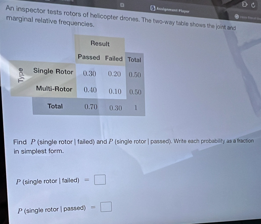 ( Assignment Player 
An inspector tests rotors of helicopter drones. The two-way table shows the joint and Iravy frerua the 
marginal relative frequencies. 
Find P (single rotor | failed) and P (single rotor | passed). Write each probability as a fraction 
in simplest form.
P (single rotor |failed)=□
P (single rotor |passed =□