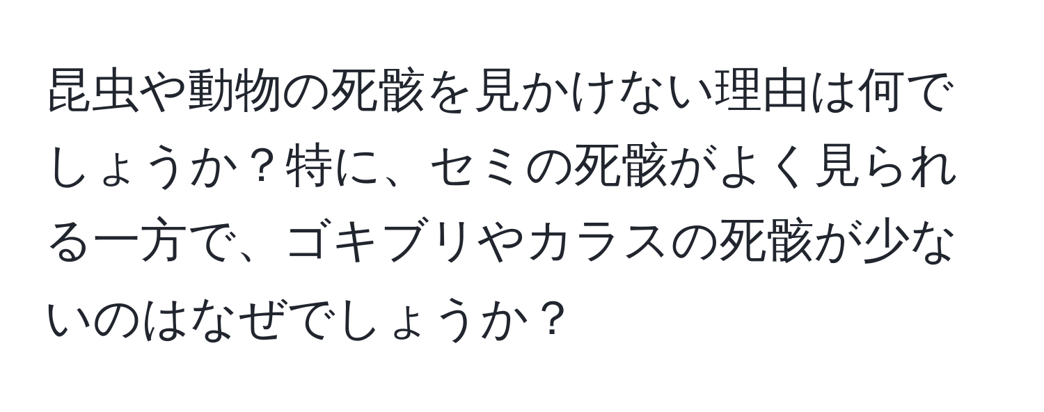 昆虫や動物の死骸を見かけない理由は何でしょうか？特に、セミの死骸がよく見られる一方で、ゴキブリやカラスの死骸が少ないのはなぜでしょうか？