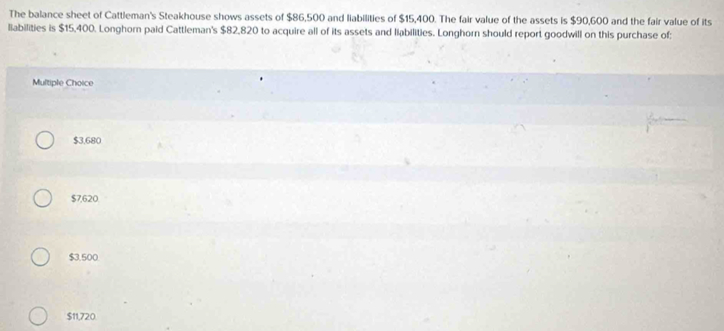 The balance sheet of Cattleman's Steakhouse shows assets of $86,500 and liabilities of $15,400. The fair value of the assets is $90,600 and the fair value of its
liabilities is $15,400. Longhorn paid Cattleman's $82,820 to acquire all of its assets and liabilities. Longhorn should report goodwill on this purchase of;
Multiple Choice
$3,680
$7,620.
$3,500.
$11,720