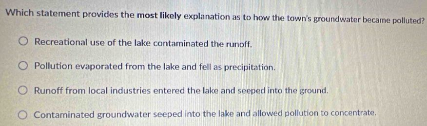 Which statement provides the most likely explanation as to how the town's groundwater became polluted?
Recreational use of the lake contaminated the runoff.
Pollution evaporated from the lake and fell as precipitation.
Runoff from local industries entered the lake and seeped into the ground.
Contaminated groundwater seeped into the lake and allowed pollution to concentrate.