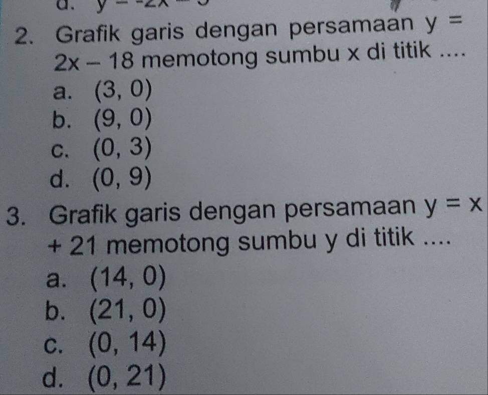 y-
2. Grafik garis dengan persamaan y=
2x-18 memotong sumbu x di titik ....
a. (3,0)
b. (9,0)
C. (0,3)
d. (0,9)
3. Grafik garis dengan persamaan y=x
+ 21 memotong sumbu y di titik ....
a. (14,0)
b. (21,0)
C. (0,14)
d. (0,21)