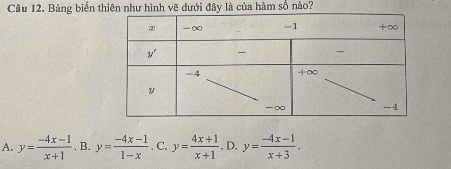 Bảng biến thiên như hình vẽ dưới đây là của hàm số nào?
A. y= (-4x-1)/x+1 . B. y= (-4x-1)/1-x . C. y= (4x+1)/x+1 . D. y= (-4x-1)/x+3 .