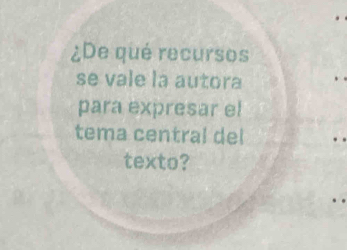 ¿De qué recursos 
se vale la autora 
para expresar el 
tema central del 
texto?