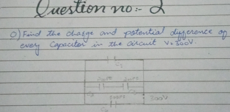 (uestion no:d 
O) Foind the chagge and patential difference of 
evey Capacitor in the cicuit V=300V
Ca