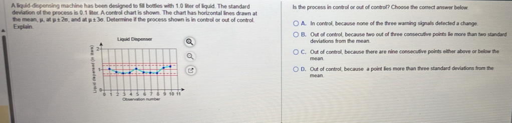 A liquid-dispensing machine has been designed to fill bottles with 1.0 liter of liquid. The standard Is the process in control or out of control? Choose the correct answer below
deviation of the process is 0.1 liter. A control chart is shown. The chart has horizontal lines drawn at
the mean, μ, at mu ± 2sigma , and at mu ± 3sigma. Determine if the process shown is in control or out of control.
Explain A. In control, because none of the three warning signals detected a change
B. Out of control, because two out of three consecutive points lie more than two standard
Liquid Dispenser deviations from the mean.
C. Out of control, because there are nine consecutive points either above or below the
mean.
D. Out of control, because a point lies more than three standard deviations from the
mean
Observation number