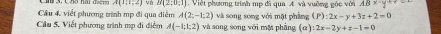 Cho hai điệm A(1;1;2) và B(2;0;1). Việt phương trình mp đi qua A và vuông góc với AB x 
Câu 4. viết phương trình mp đi qua điểm A(2;-1;2) và song song với mặt phẳng (P): 2x-y+3z+2=0
Câu 5. Viết phương trình mp đi điểm A(-1;1;2) và song song với mặt phẳng (α) :2x-2y+z-1=0