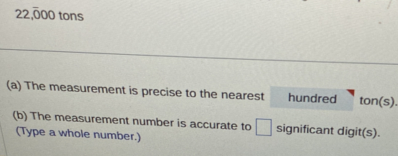 22,000 tons
_ 
_ 
(a) The measurement is precise to the nearest hundred ton(s). 
(b) The measurement number is accurate to □ significant digit(s). 
(Type a whole number.)