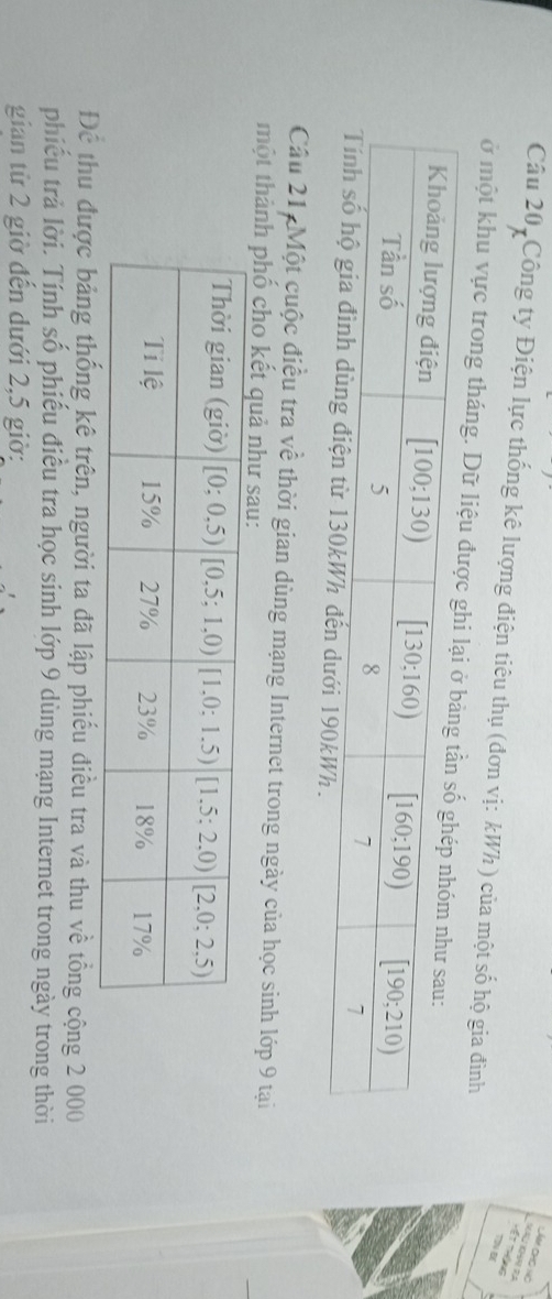 JAm cho nó
S KHN RA V   s
Câu 20, Công ty Điện lực thống kê lượng điện tiêu thụ (đơn vị: kWh) của một số hộ gia đình
TN 
ở một khu vực trong tháng. Dữ liệu đư
Câu 21, Một cuộc điều tra về thời gian dùng mạng Internet trong ngày của học sinh lớp 9 tại
một thành phố cho kết quả nh
Để thu được bảng thống kê trên, người ta đã lập phiếu điều tra và thu về tổng cộng 2 000
phiếu trả lời. Tính số phiếu điều tra học sinh lớp 9 dùng mạng Internet trong ngày trong thời
gian từ 2 giờ đến dưới 2,5 giờ: