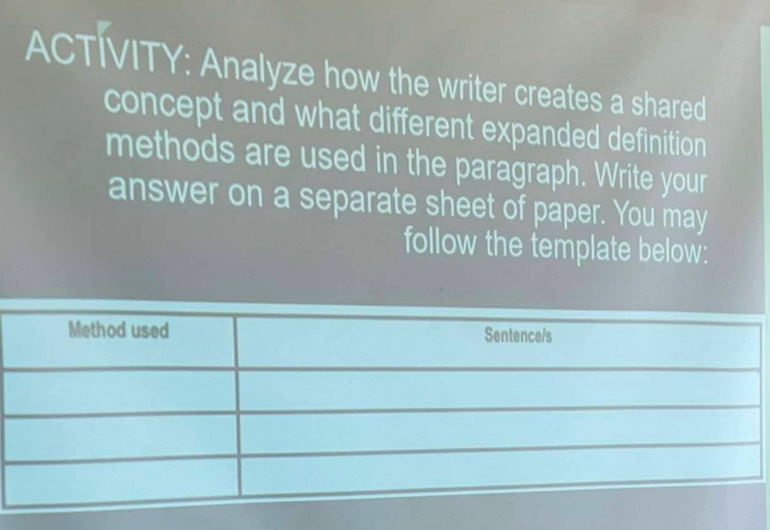 ACTÍVITY: Analyze how the writer creates a shared 
concept and what different expanded definition 
methods are used in the paragraph. Write your 
answer on a separate sheet of paper. You may 
follow the template below: