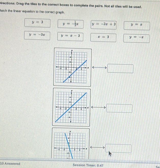 Prections: Drag the tiles to the correct boxes to complete the pairs. Not all tiles will be used.
atch the linear equation to the correct graph.
y=3 y=- 1/3 x y=-3x+3 y=x
y=-3x y=x-3 x=3 y=-x
□
□ 
10 Answered Session Timer: 0:47 Se