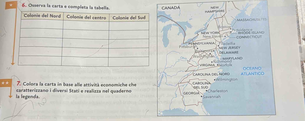 Osserva la carta e completa la tabella. 
** 7. Colora la carta in base alle attività economiche che 
caratterizzano i diversi Stati e realizza nel quaderno 
la legenda.