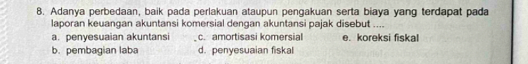 Adanya perbedaan, baik pada perlakuan ataupun pengakuan serta biaya yang terdapat pada
laporan keuangan akuntansi komersial dengan akuntansi pajak disebut ....
a. penyesuaian akuntansi c. amortisasi komersial e. koreksi fiskal
b. pembagian laba d. penyesuaian fiskal