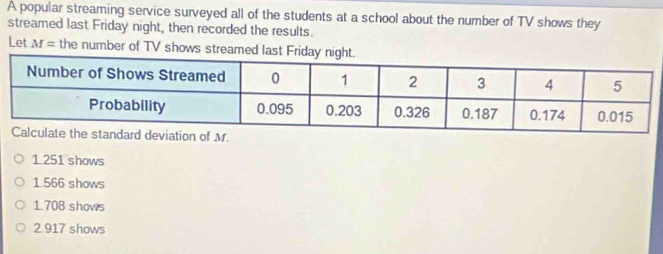 A popular streaming service surveyed all of the students at a school about the number of TV shows they
streamed last Friday night, then recorded the results.
Let M= the number of TV shows streamed last
1.251 shows
1.566 shows
1708 shows
2.917 shows