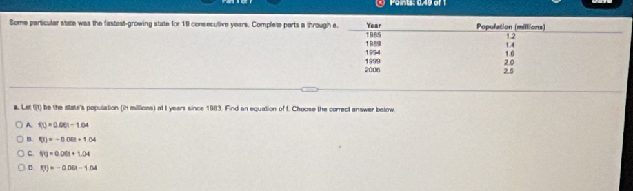 Points: 0.49 of 1
Some particular state was the fastest-growing state for 19 consecutive years. Complete parts a throug
a. Let f(t) be the state's population (ih millions) at t years since 1983. Find an equation of f. Choose the correct answer below
A. f(t)=0.06t-1.04
B. f(t)=-0.06t+1.04
C. f(t)=0.06t+1.04
D. f(t)=-0.06t-1.04