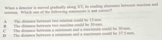 When a detector is moved gradually along XY, its reading alternates between maxima and
minima. Which one of the following statements is not correct?
A The distance between two minima could be 15 mm.
B The distance between two maxima could be 30mm.
C The distance between a minimum and a maximum could be 30 mm.
D The distance between a minimum and a maximum could be 37.5 mm.