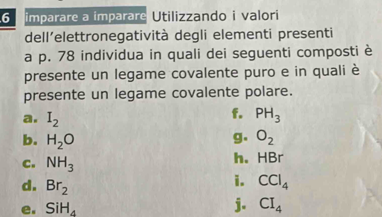 imparare a imparare Utilizzando i valori 
dell’elettronegatività degli elementi presenti 
a p. 78 individua in quali dei seguenti composti è 
presente un legame covalente puro e in quali è 
presente un legame covalente polare. 
f. 
a. I_2 PH_3
b. H_2O g. O_2
C. NH_3
h. HBr
i. 
d. Br_2 CCl_4
e. SiH_4
j. CI_4