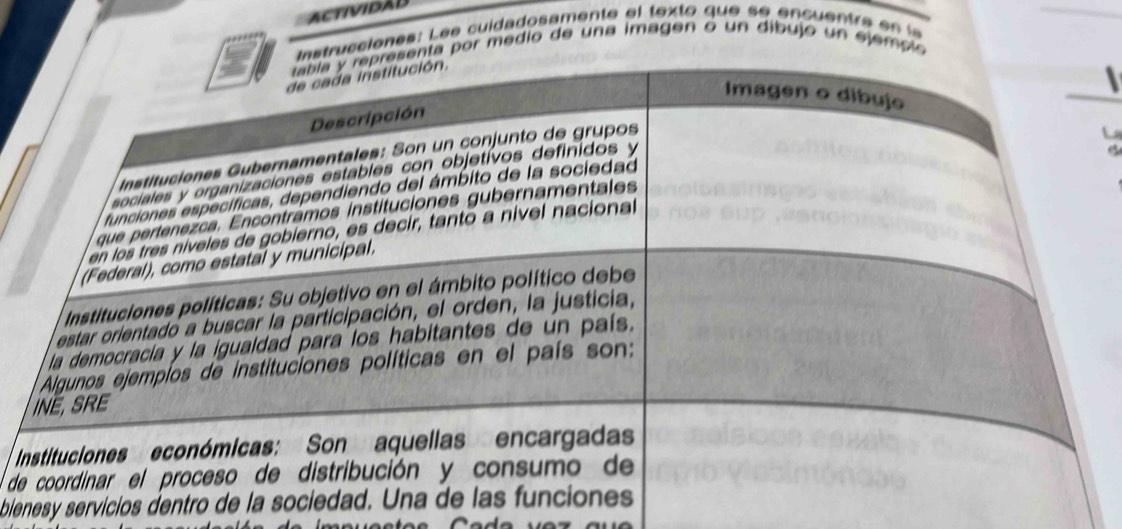 ACTIVIDAD 
cciones: Le e cuidadosamente el texto que se encuentre e la 
por medio de una imagen o un díbujo un ejempi 

d 
bienesy servicios dentro de la