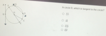 In circle D, which is tangent to the circle?
vector OA
vector AB
overline CD
overline EF